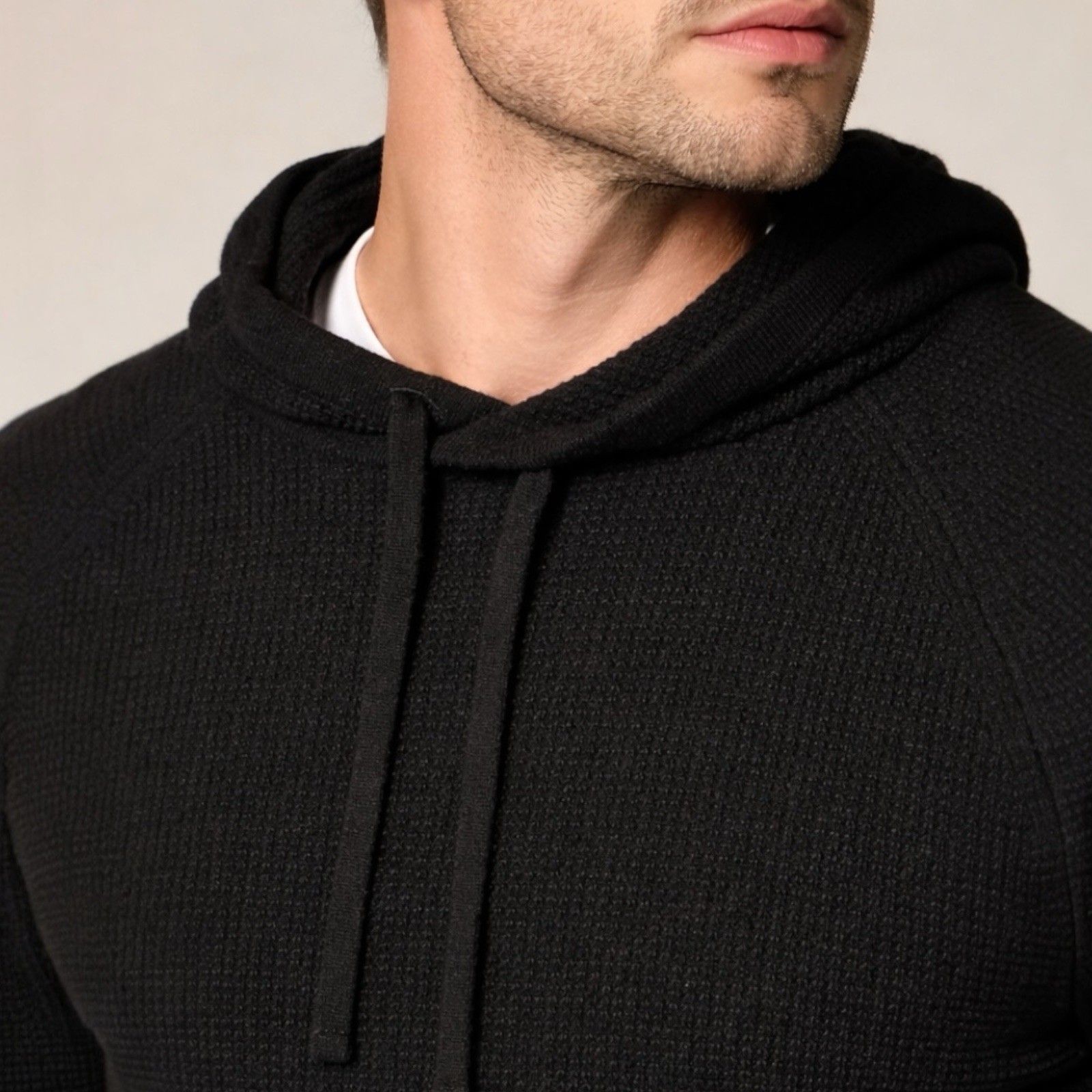 J Crew Cashmere Hoodie Mens M Black Waffle Knit Minimalist Luxury Sweater Cb523